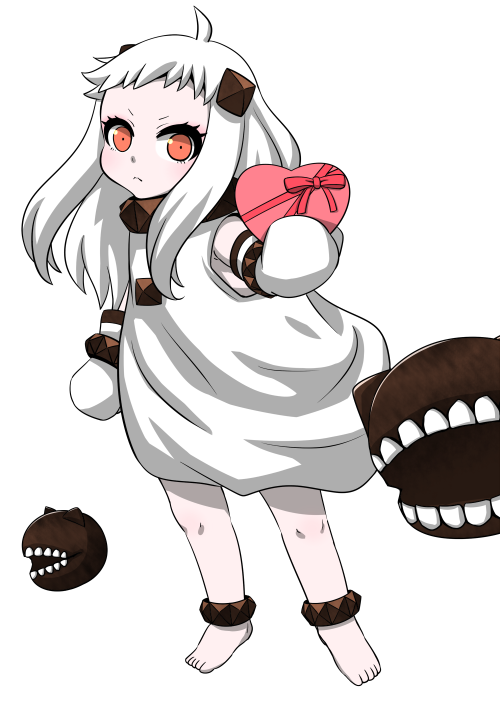 1girl, ahoge, box, chocolate, chocolate_heart, dress, floating_fortress_(kantai_collection), gift