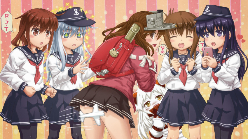 :d, ^_^, ahoge, akatsuki_(kantai_collection), backpack, bag, black_legwear, blush