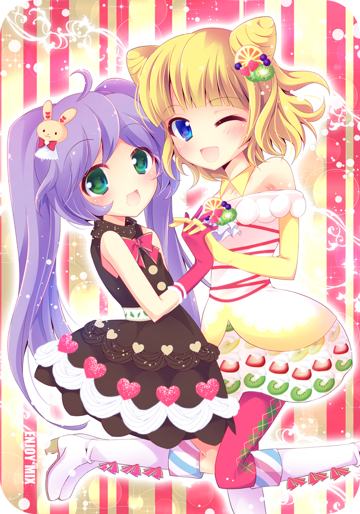 2girls, bare_shoulders, bird, black_dress, blonde_hair, blue_eyes, boots, double_bun