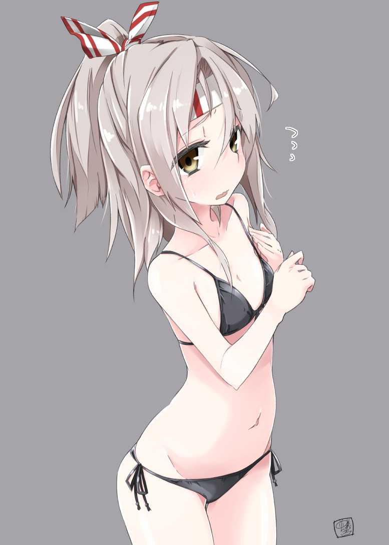 1girl, ariyoshi_gen, bare_shoulders, bikini, black_bikini, blush, brown_hair, cowboy_shot