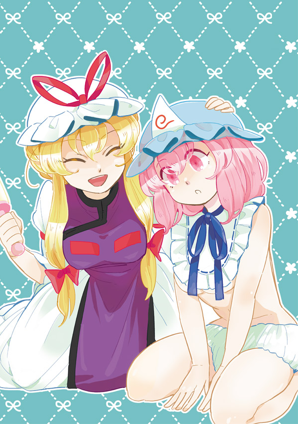 2girls, adult_baby, alternate_costume, bib, blonde_hair, breasts, closed_eyes, commentary_request, diaper, dress, hair_up, hand_on_another's_head, hat, hat_ribbon, head_tilt, kneeling, laughing, leaning_forward, long_hair, mob_cap, multiple_girls, open_mouth, parted_lips, pink_eyes, pink_hair, rattle, ribbon, saigyouji_yuyuko, shaded_face, short_hair, sitting, tabard, tamiko_(paseri), teeth, tongue, touhou, triangular_headpiece, under_boob, wariza, white_dress, yakumo_yukari