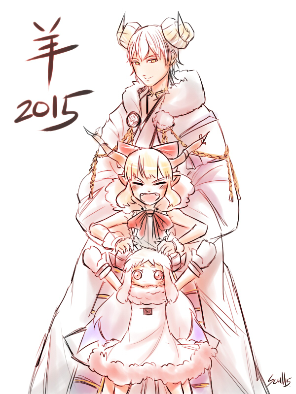 1boy, 2girls, :d, ahoge, arms_up, bow, closed_eyes, covered_mouth