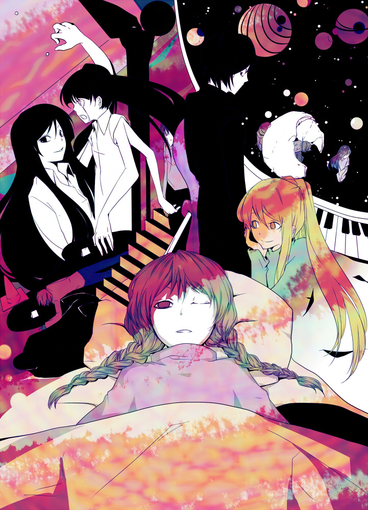 black_hair, blonde_hair, braid, brown_hair, extra_arms, ichi_ka, instrument, kyukkyu-kun