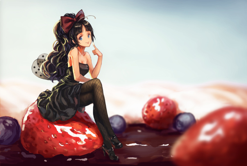 1girl, akiyama_mio, black_eyes, black_hair, butterfly_wings, crossed_arms, dress, food