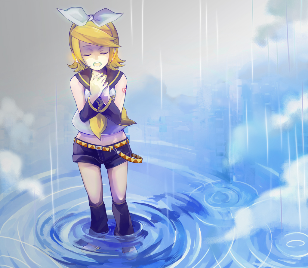 blonde_hair, closed_eyes, detached_sleeves, hair_ornament, hair_ribbon, hairclip, headphones, headset
