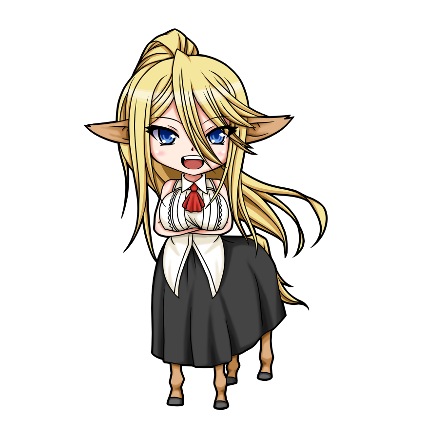 1girl, animal_ears, aoba_kino, blonde_hair, blue_eyes, centaur, centorea_shianus, chibi