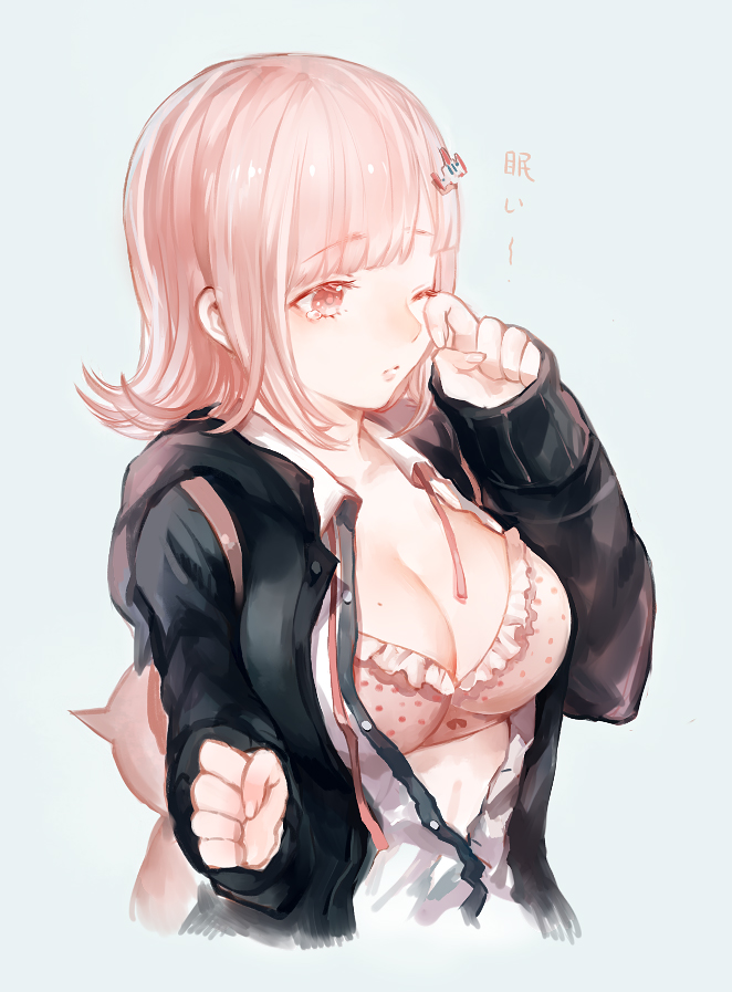 1girl, backpack, bag, bra, breasts, cleavage, dangan_ronpa, flipped_hair
