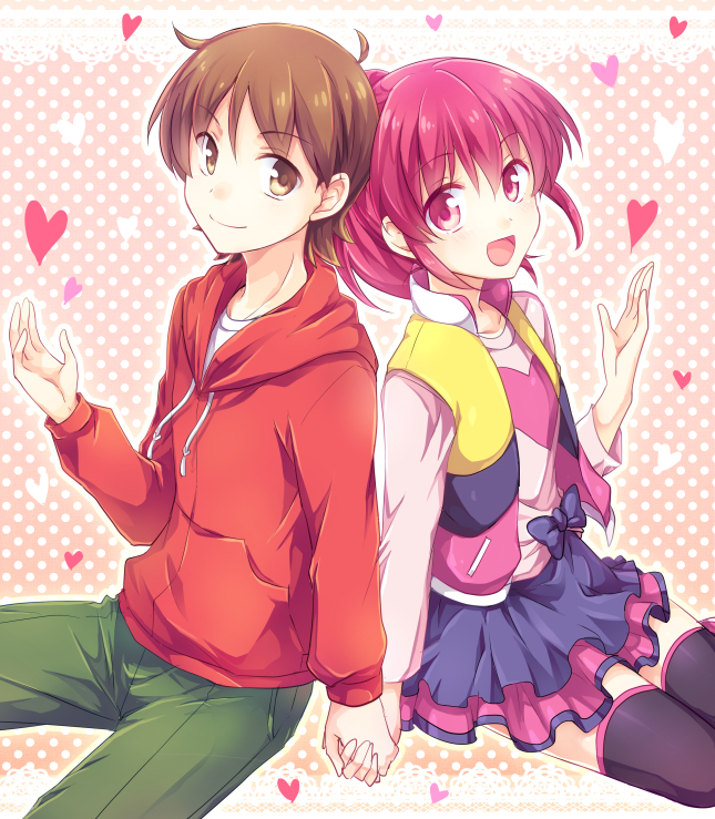 1boy, 1girl, :d, aino_megumi, black_legwear, brown_eyes, brown_hair, couple