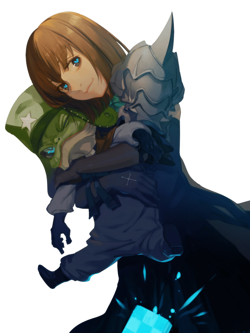 1girl, amazora_(terra_battle), blue_eyes, bob, brown_hair, creature, cross, dress