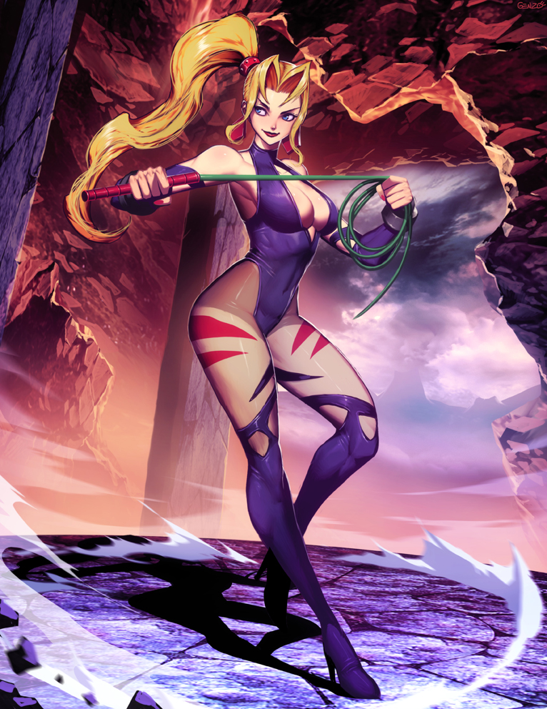 1girl, blonde_hair, blue_eyes, boots, breasts, cleavage, covered_navel, detached_sleeves