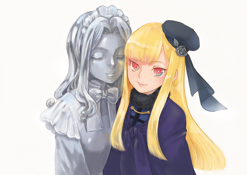 2girls, blonde_hair, hat, lord_el-melloi_ii_case_files, mercury, multiple_girls, personification, red_eyes