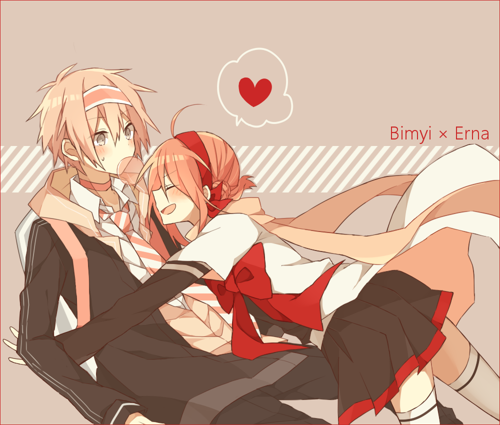 1boy, 1girl, ahoge, bimi_(mgk), character_name, glomp, hairband, heart, hug, ichinomiya_eruna, mikagura_gakuen_kumikyoku, pink_hair, rengeso, short_hair, skirt, spoken_heart