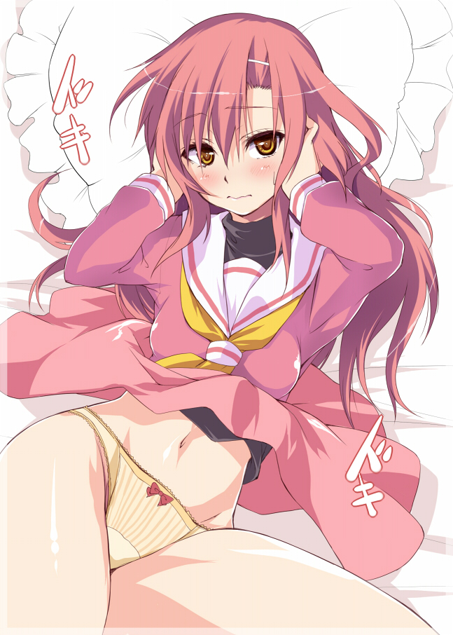 1girl, blush, hairband, hayate_no_gotoku!, katsura_hinagiku, kisairo_kaede, long_hair, looking_at_viewer, lying, panties, pillow, pink_eyes, pink_hair, school_uniform, shiny, shiny_skin, skirt, solo, underwear, yellow_eyes, yellow_panties