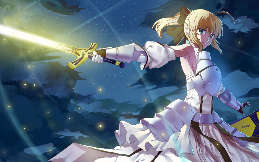 1girl, ahoge, armor, armored_dress, avalon_(fate/stay_night), bare_shoulders, blonde_hair, bow