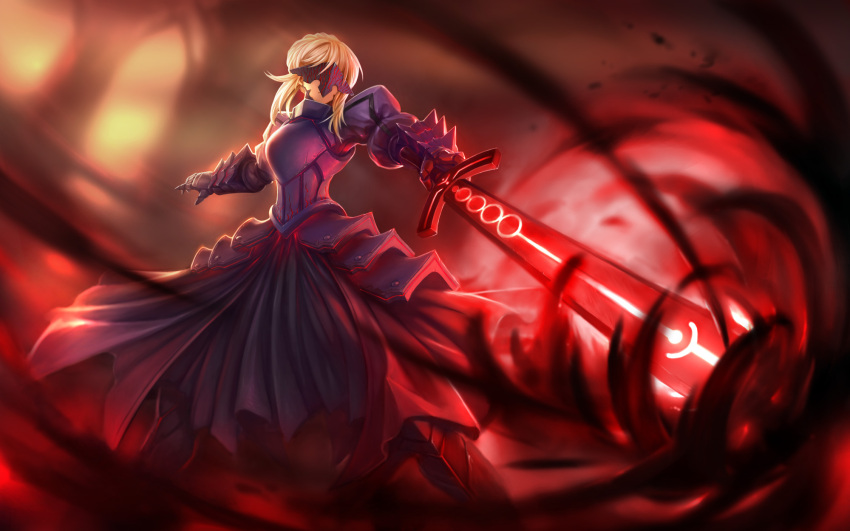 1girl, armor, armored_dress, blonde_hair, dark_excalibur, dress, fate/stay_night, fate_(series)