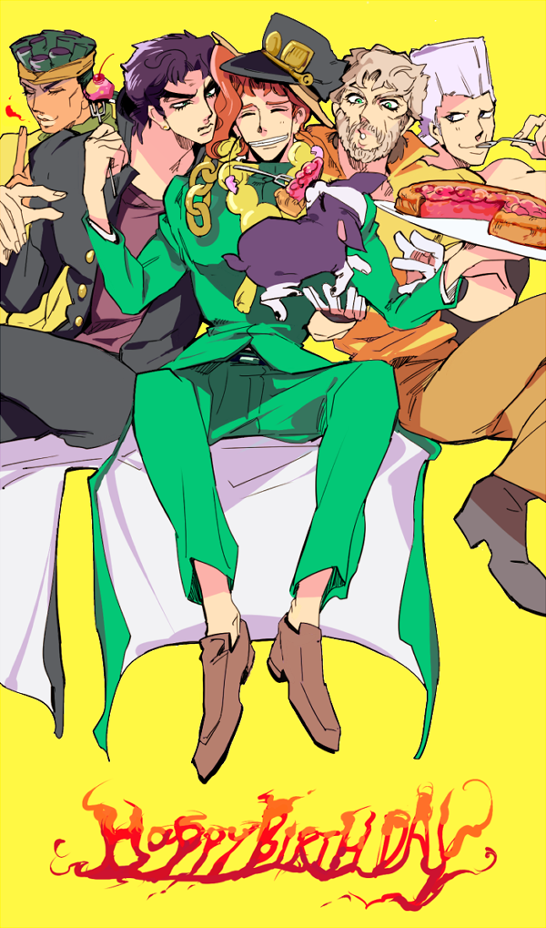 5boys, hat, iggy_(jojo), jean_pierre_polnareff, jojo_no_kimyou_na_bouken, joseph_joestar, kakyouin_noriaki, kuujou_joutarou