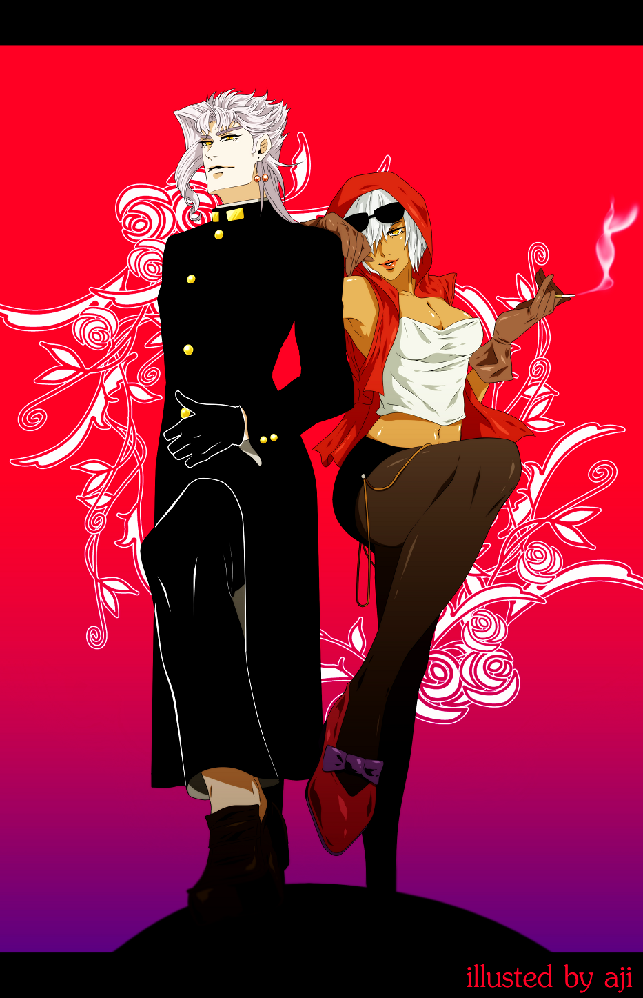 1boy, 1girl, after_satellites, breasts, cigarette, cleavage, dark_skin, gakuran