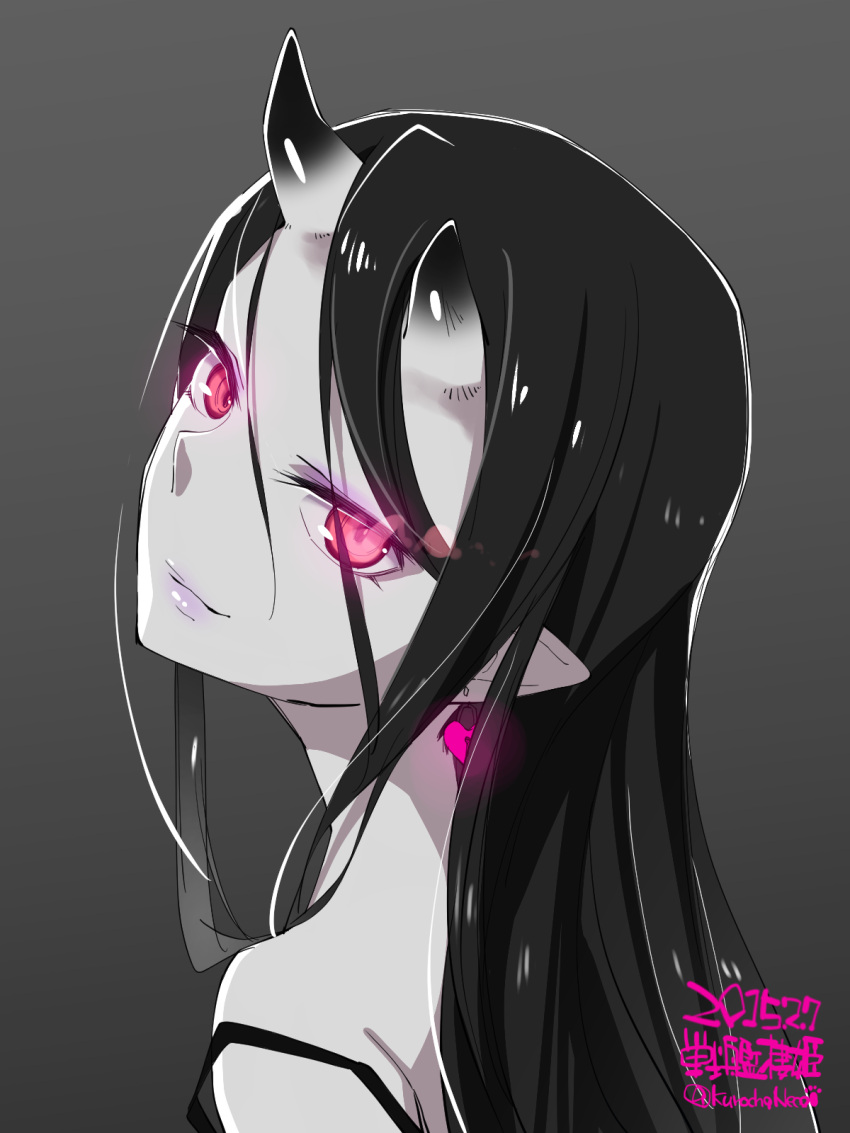 1girl, bare_shoulders, battleship-symbiotic_hime, black_hair, earrings, heart, heart_earrings, highres, horns, jewelry, kantai_collection, kuro_chairo_no_neko, lips, long_hair, looking_at_viewer, pink_eyes, shaft_look, shinkaisei-kan, solo, white_skin