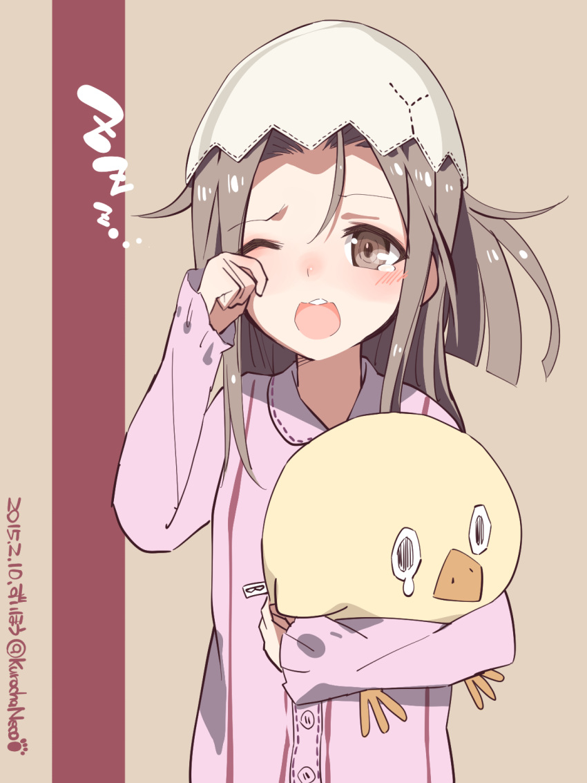 1girl, bird, brown_eyes, brown_hair, chick, eggshell, eggshell_hat, highres