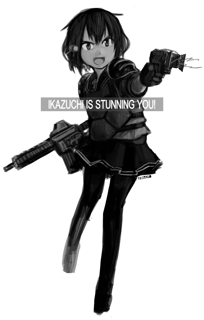 1girl, assault_rifle, black_legwear, body_armor, crossover, dual_wielding, english, eotech