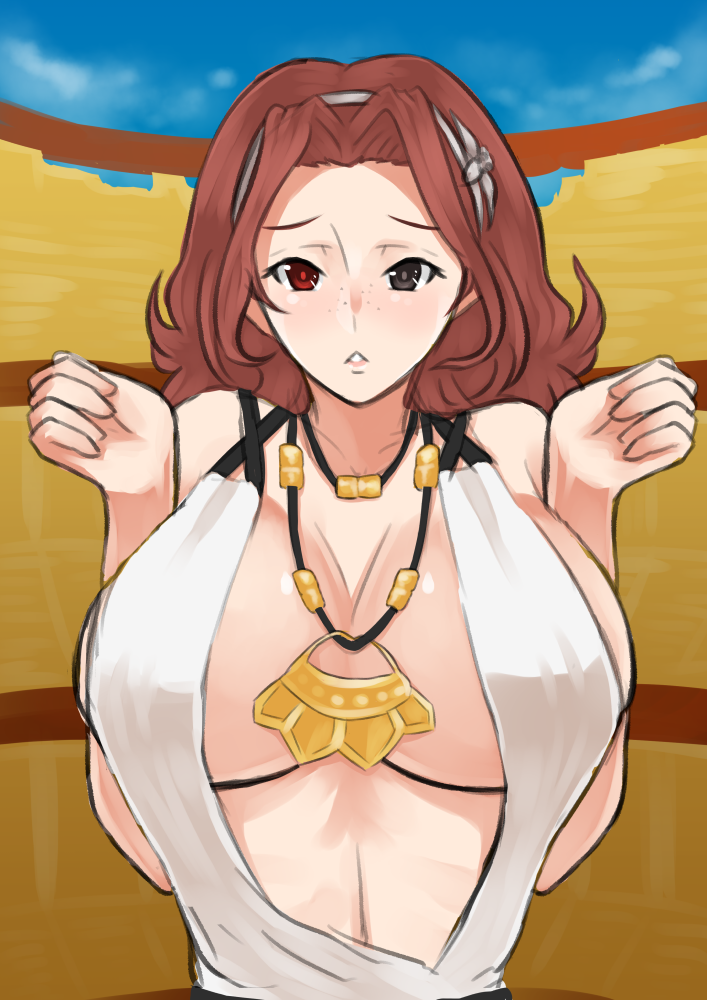 1girl, bare_shoulders, black_eyes, breasts, brown_hair, chestnut_mouth, hairband, heterochromia