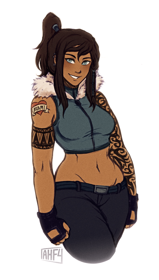 1girl, avatar_legends, blue_eyes, breasts, brown_hair, contemporary, cropped_legs, dark_skin