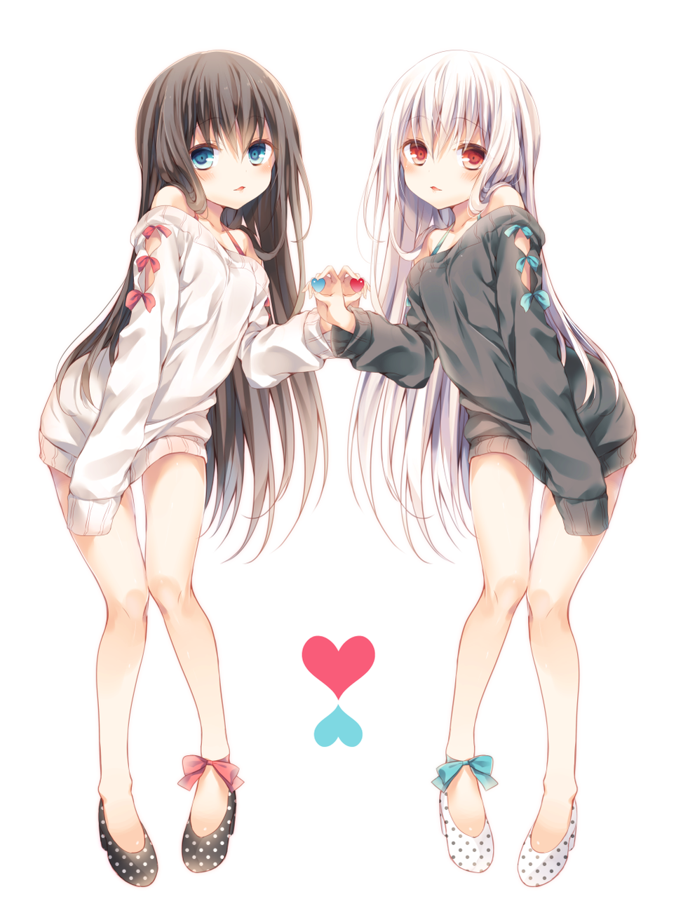 2girls, alternate_color, bare_shoulders, black_hair, blue_eyes, blush, heart, highres