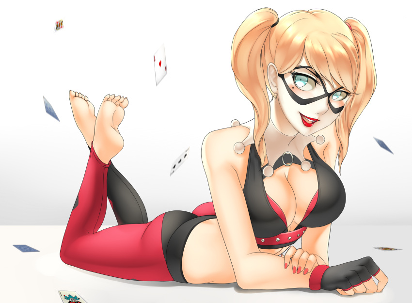 1girl, bare_shoulders, barefoot, batman_(series), blonde_hair, blue_eyes, breasts, card, cleavage, dc_comics, feet, fingerless_gloves, gloves, harley_quinn, highres, jester, lipstick, long_hair, lying, makeup, mask, nail_polish, on_back, pants, smile, soles, solo, toes, twintails, ushio_(starchild720), white_background