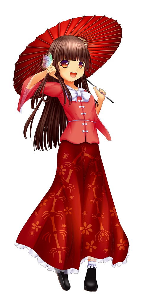 1girl, brown_hair, butterfly_on_hand, floral_print, frilled_skirt, frills, hand_in_hair, hime_cut