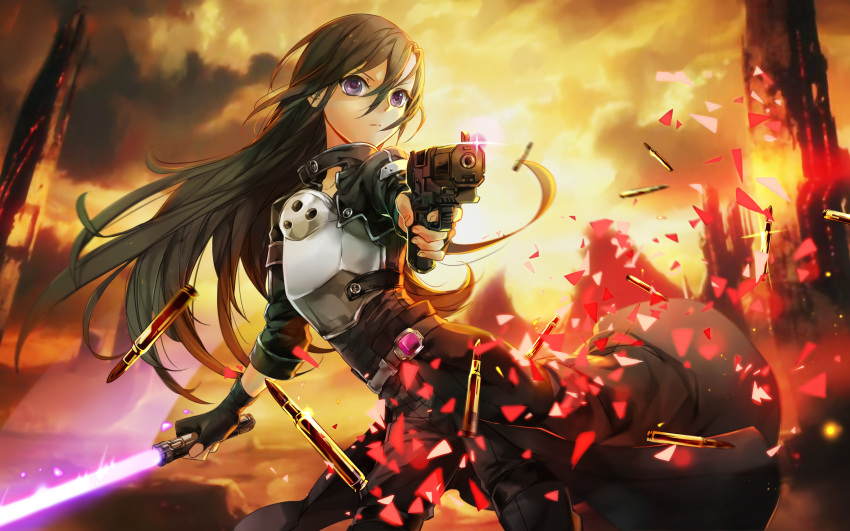 1boy, absurdres, androgynous, black_hair, breastplate, energy_sword, five-seven_(gun), gun