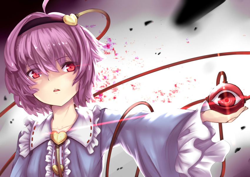 1girl, ahoge, blouse, frilled_sleeves, frills, gradient, gradient_background, hairband, heart, komeiji_satori, long_sleeves, looking_at_viewer, nanakusa_ayame, outstretched_arm, parted_lips, pink_hair, red_eyes, short_hair, solo, third_eye, touhou