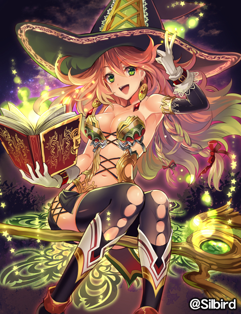 1girl, book, breasts, green_eyes, hat, long_hair, nonomi_nayori, official_art, open_mouth, redhead, smile, solo, witch, witch_hat
