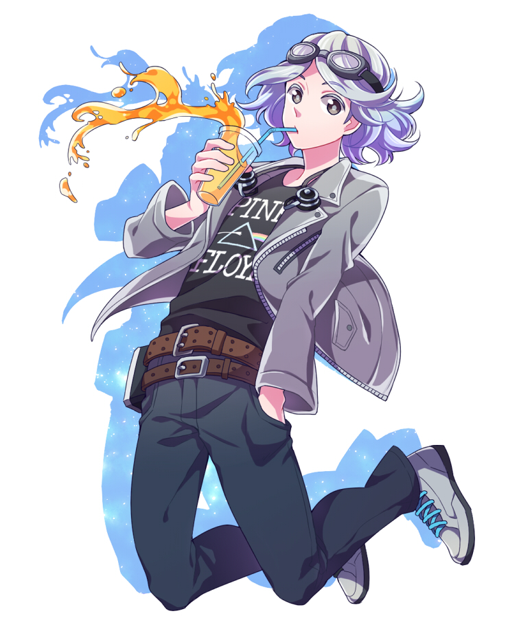 1boy, drink, goggles, goggles_on_head, grey_eyes, grey_hair, jacket, marvel