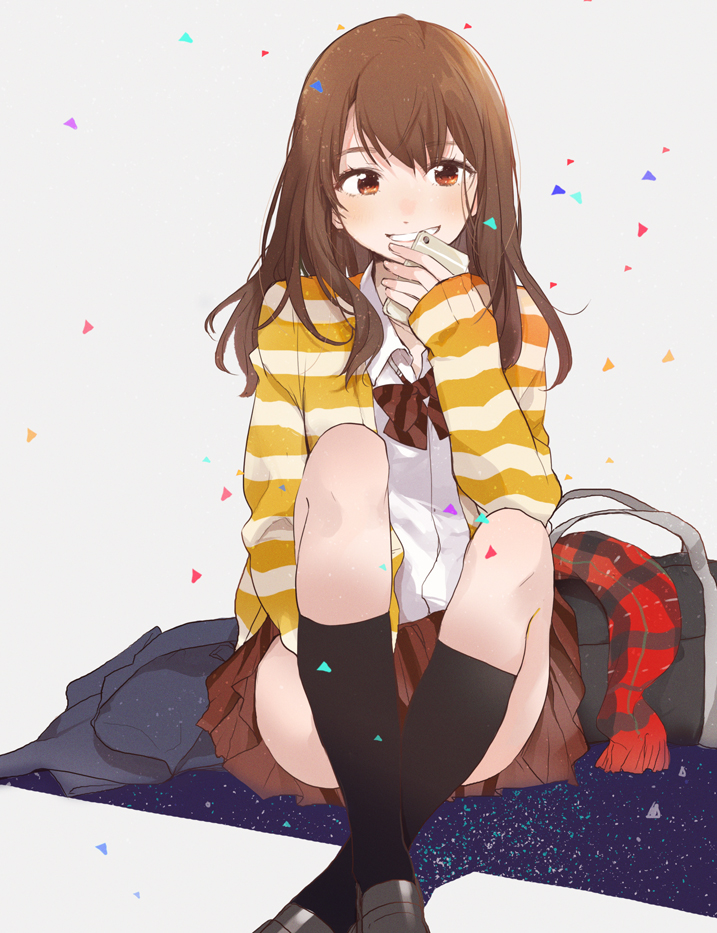 1girl, bag, black_legwear, blazer, blush, brown_eyes, brown_hair, cellphone
