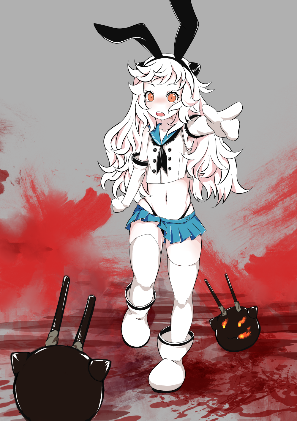 1girl, alternate_costume, cosplay, hairband, highres, horns, kantai_collection, long_hair, looking_at_viewer, mittens, northern_ocean_hime, orange_eyes, pleated_skirt, pointing, pointing_at_viewer, rinrin_(inhonoor), school_uniform, serafuku, shimakaze_(kantai_collection), shimakaze_(kantai_collection)_(cosplay), shinkaisei-kan, skirt, standing_on_one_leg, thigh-highs, white_hair, white_skin, zettai_ryouiki