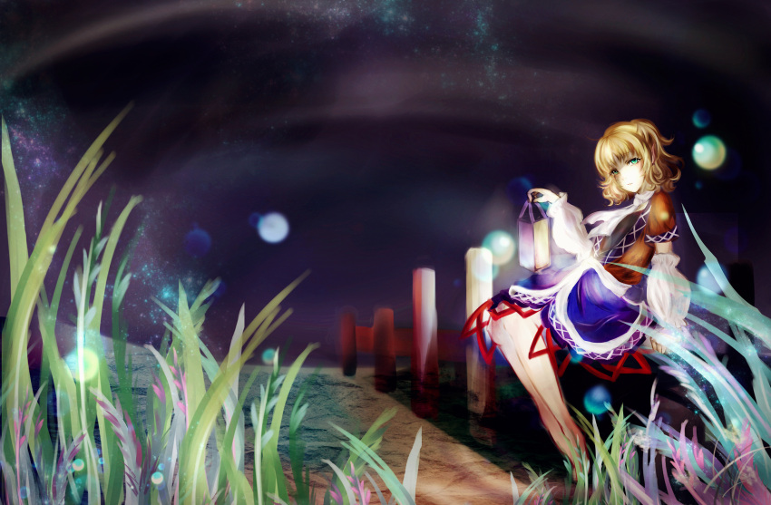 1girl, arm_warmers, aura, bare_legs, barefoot, blonde_hair, blue_skirt, blurry