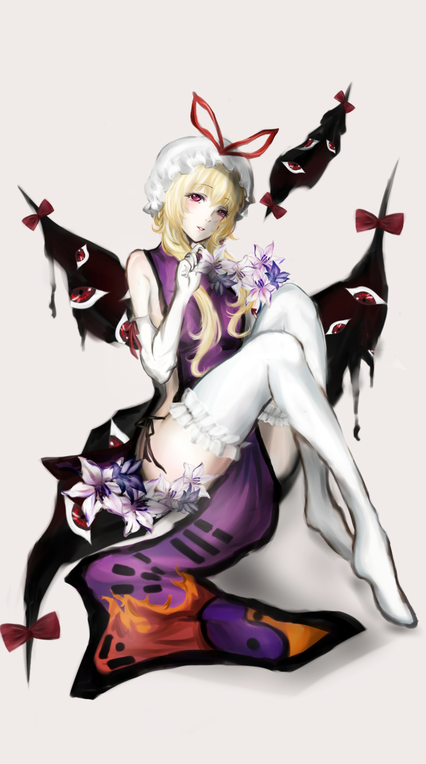 1girl, absurdres, bow, breasts, elbow_gloves, flame_print, flower, frilled_thighighs
