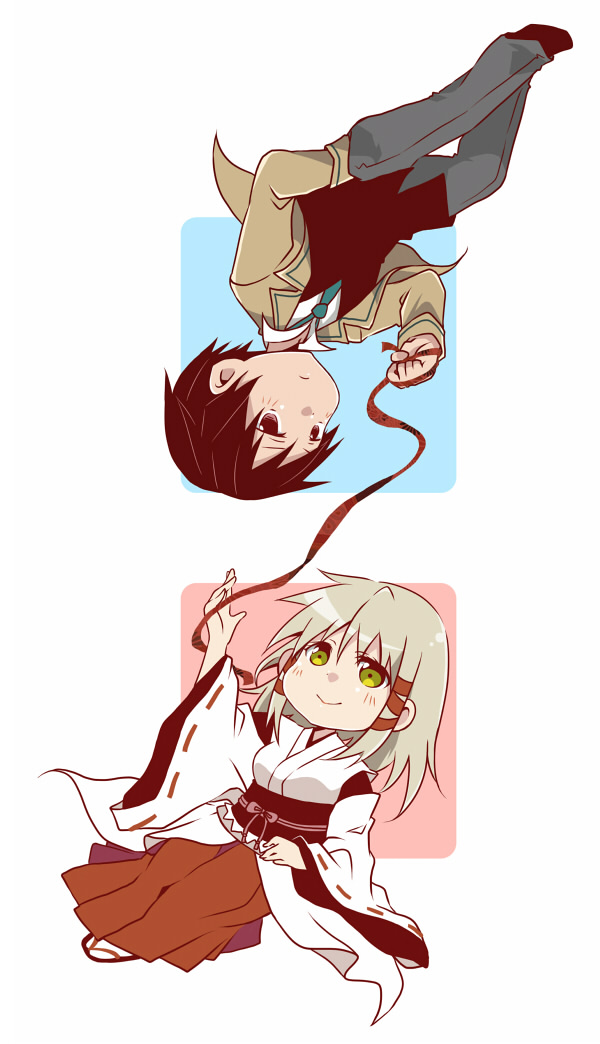 1boy, 1girl, black_hair, blonde_hair, chibi, fushimi_touka, hair_ribbon, inari_konkon_koi_iroha.