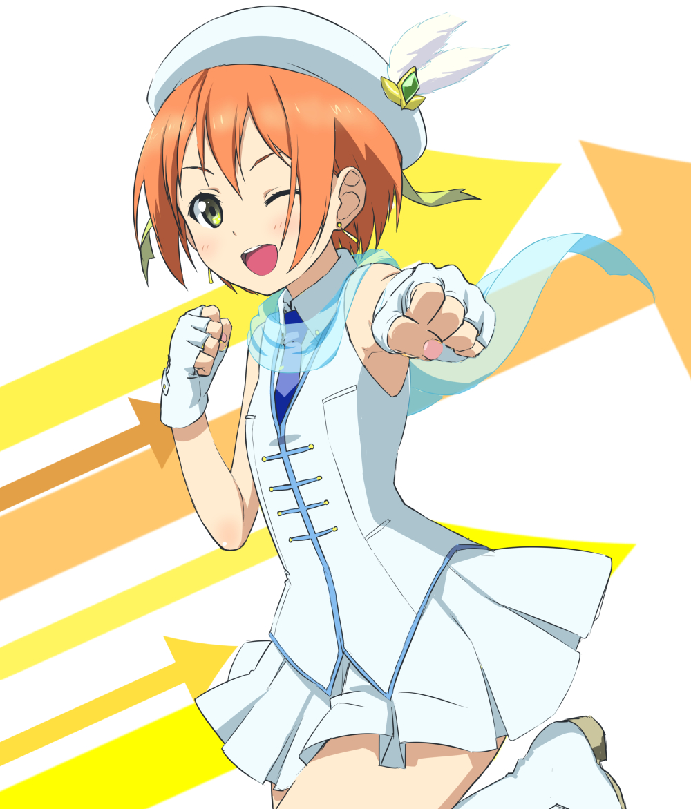 1girl, cl_(h-sys.), earrings, fingerless_gloves, gloves, hat, hoshizora_rin, jewelry