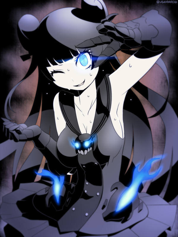 1girl, black_hair, blue_eyes, breasts, cleavage, collarbone, double_bun, flying_sweatdrops