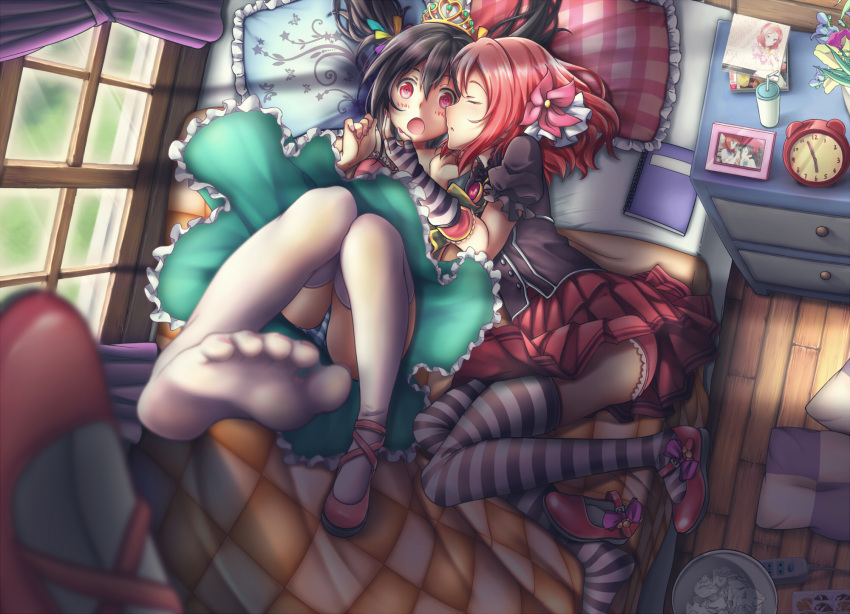 2girls, bed, black_hair, blush, book, clock, elbow_gloves, feet, flower, gloves, hair_flower, hair_ornament, highres, love_live!_school_idol_project, multiple_girls, nishikino_maki, oishii_garriel, open_mouth, panties, photo, pillow, red_eyes, redhead, short_hair, skirt, striped, striped_legwear, striped_panties, thigh-highs, tiara, underwear, wastebasket, yazawa_nico