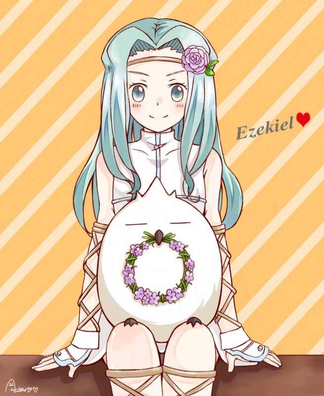 1girl, bird, blue_eyes, blue_hair, blush, ezekiel_(junketsu_no_maria), flower, hair_flower