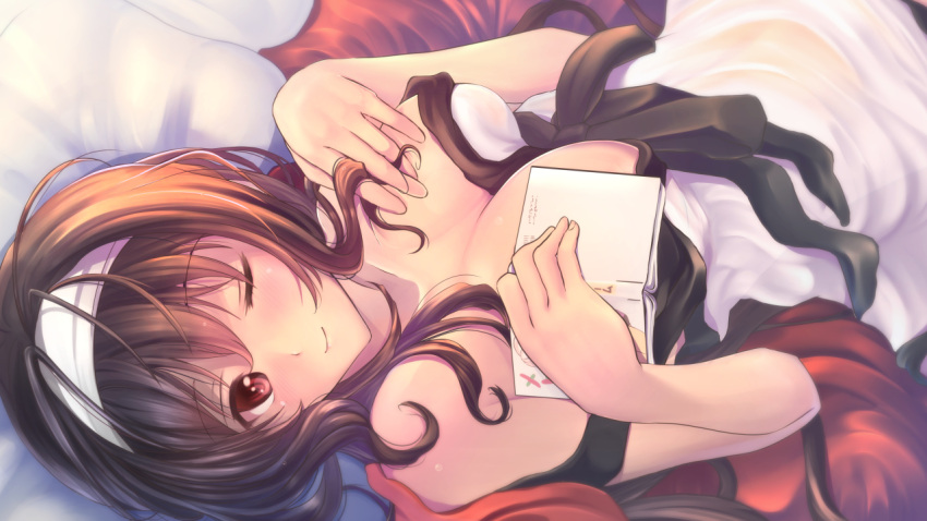 1girl, bare_shoulders, blush, book, breasts, brown_hair, cleavage, hairband