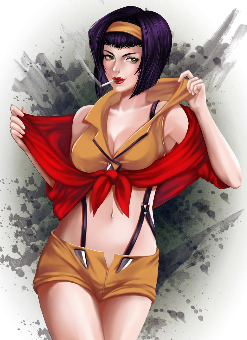 1girl, absurdres, breasts, cigarette, cleavage, cowboy_bebop, cowboy_shot, faye_valentine