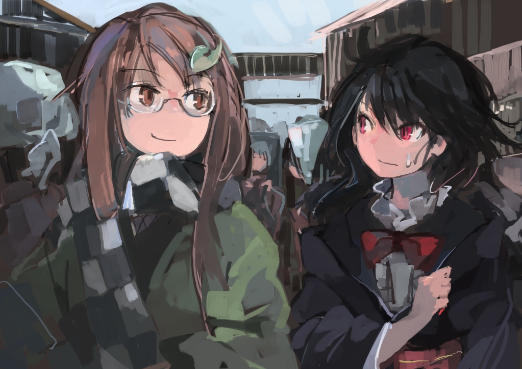 2girls, black_hair, bow, brown_eyes, brown_hair, checkered, checkered_scarf, commentary_request