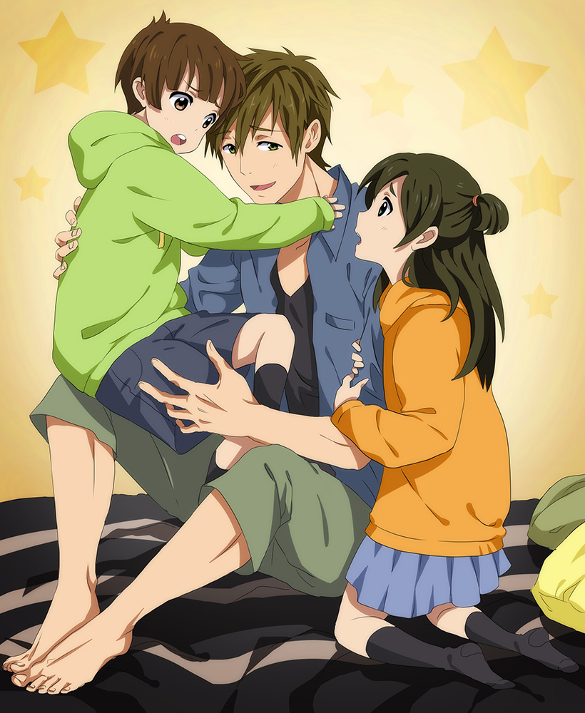 1girl, 2boys, barefoot, black_hair, black_legwear, blush, brother_and_sister, brothers, brown_hair, free!, green_eyes, hoodie, kneehighs, long_hair, male_focus, miyuli, multiple_boys, open_mouth, short_hair, siblings, skirt, tachibana_makoto, tachibana_ran_(free!), tachibana_ren_(free!), twintails