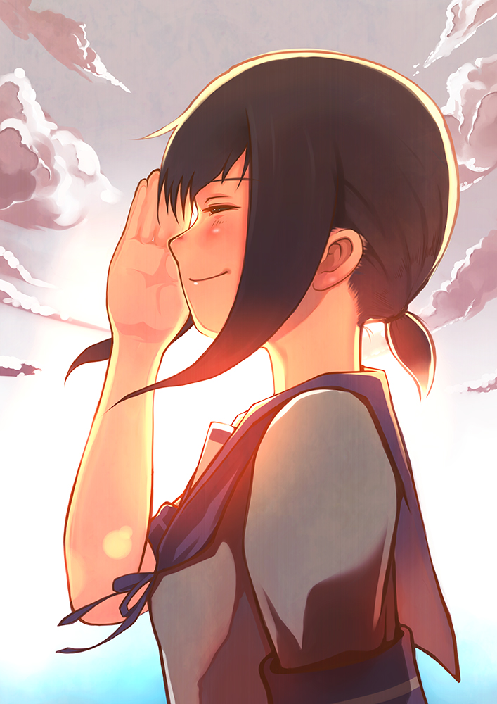 1girl, black_hair, clouds, fubuki_(kantai_collection), kantai_collection, long_hair, salute, sky
