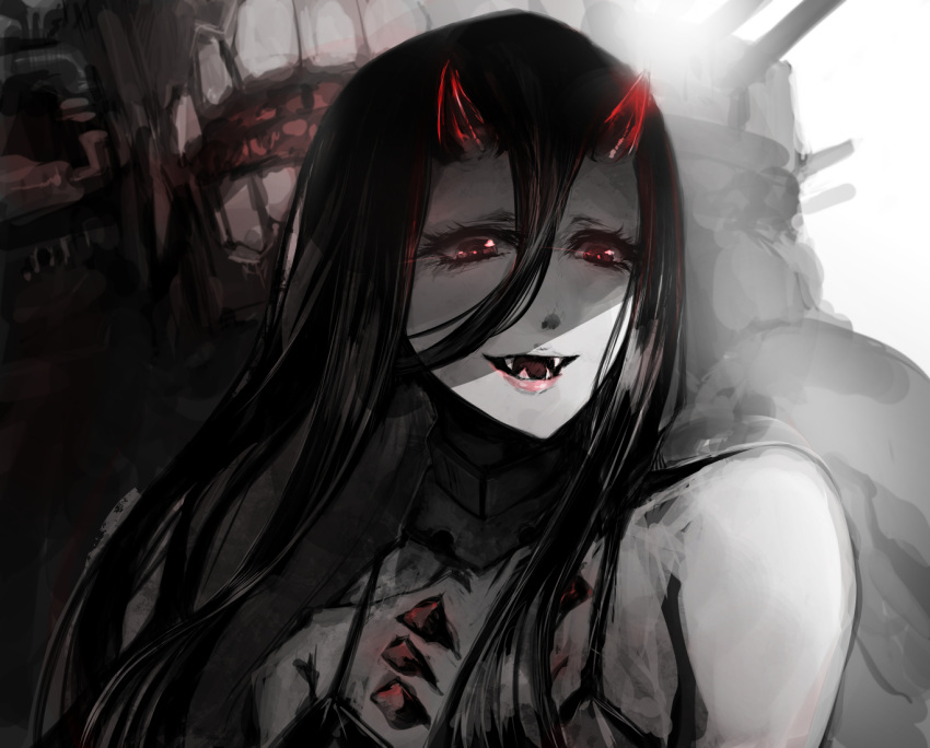 1girl, bare_shoulders, battleship-symbiotic_hime, black_dress, black_hair, dress, fangs, gomasionori