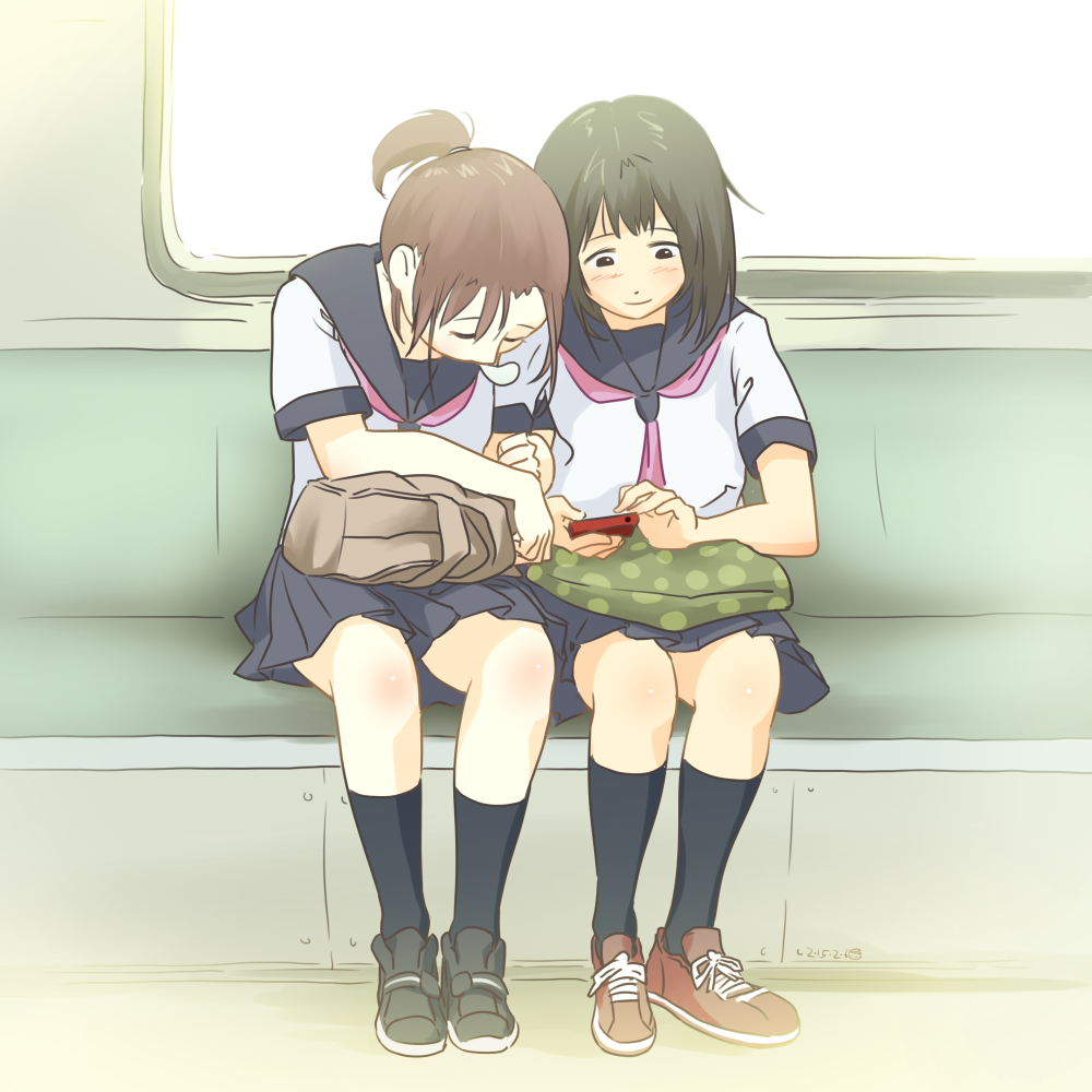 arm_holding, brown_hair, hypkirby, leaning_on_person, leaning_over, original, phone, school_uniform