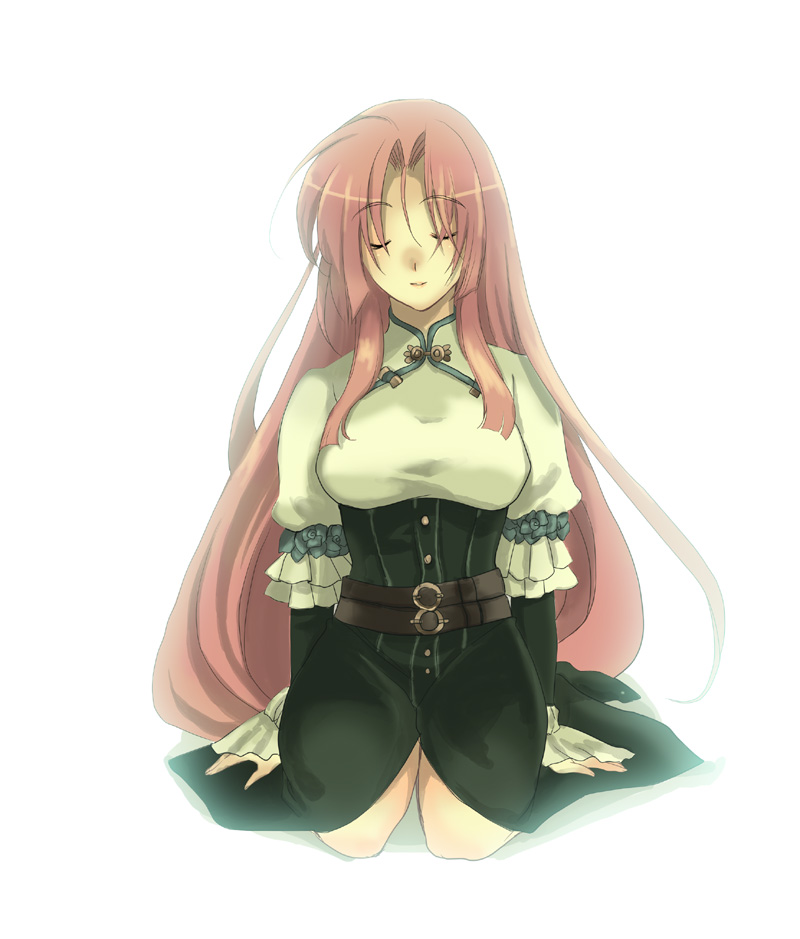 1girl, blush, breasts, closed_eyes, corset, large_breasts, long_hair, ootori_kanae_(soukou_akki_muramasa)